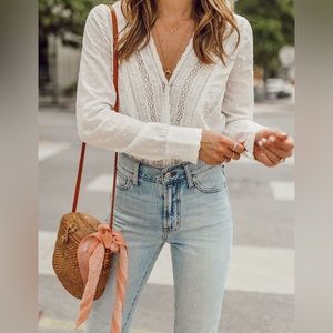 Sezane Alessandra Wrap Blouse / white lace wrap long sleeve blouse